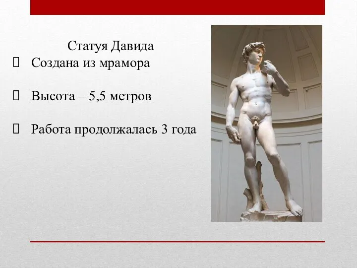 Статуя Давида Создана из мрамора Высота – 5,5 метров Работа продолжалась 3 года