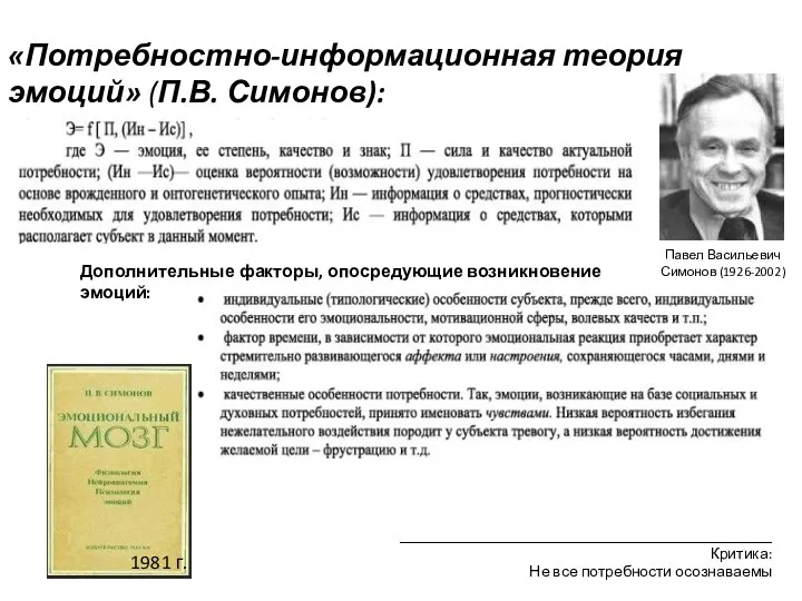 «Потребностно-информационная теория эмоций» (П.В. Симонов): Павел Васильевич Симонов (1926-2002) 1981 г. Дополнительные