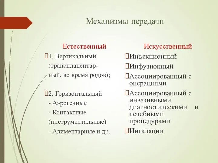 Механизмы передачи Естественный 1. Вертикальный (трансплацентар- ный, во время родов); 2. Горизонтальный