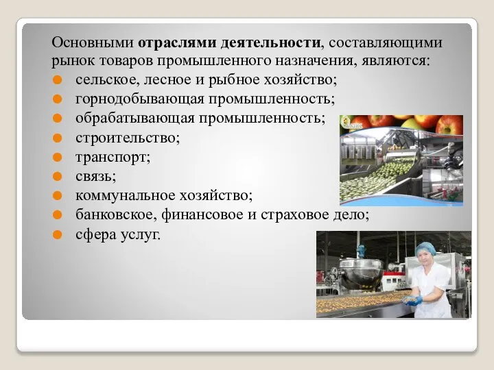 Основными отраслями деятельности, составляющими рынок товаров промышленного назначения, являются: сельское, лесное и