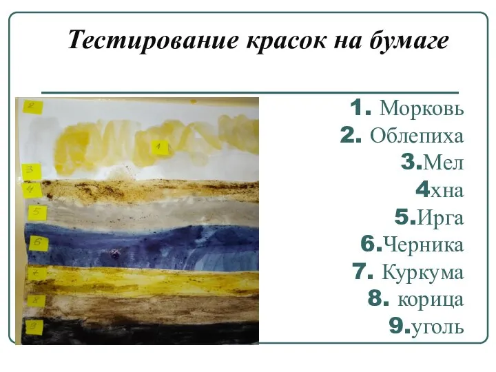 1. Морковь 2. Облепиха 3.Мел 4хна 5.Ирга 6.Черника 7. Куркума 8. корица