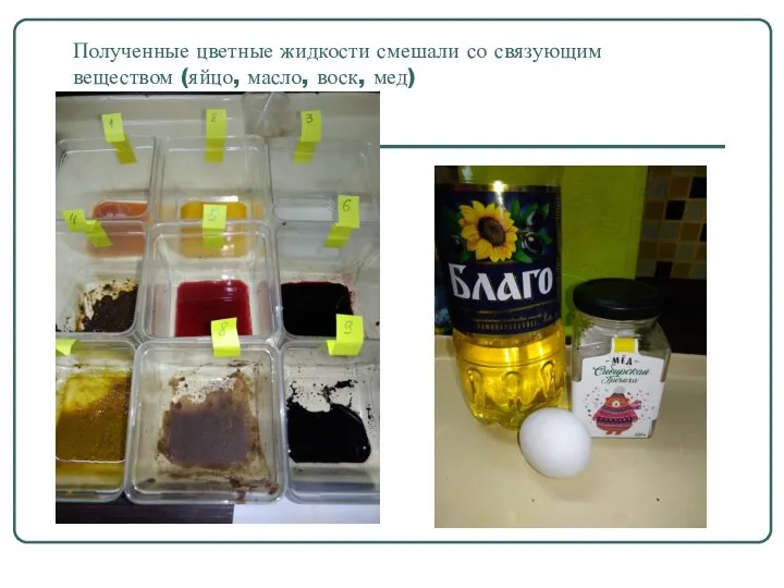 Полученные цветные жидкости смешали со связующим веществом (яйцо, масло, воск, мед)