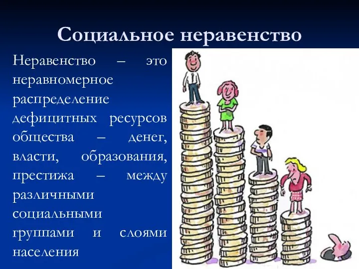 Социальное неравенство Неравенство – это неравномерное распределение дефицитных ресурсов общества – денег,