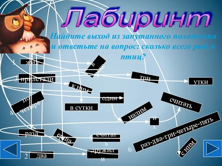 Лабиринт Найдите выход из запутанного положения и ответьте на вопрос: сколько всего рыб и птиц?