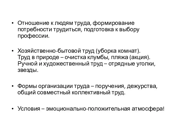 Отношение к людям труда, формирование потребности трудиться, подготовка к выбору профессии. Хозяйственно-бытовой