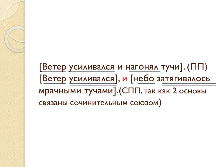 [Ветер усиливался и нагонял тучи]. (ПП) [Ветер усиливался], и [небо затягивалось мрачными