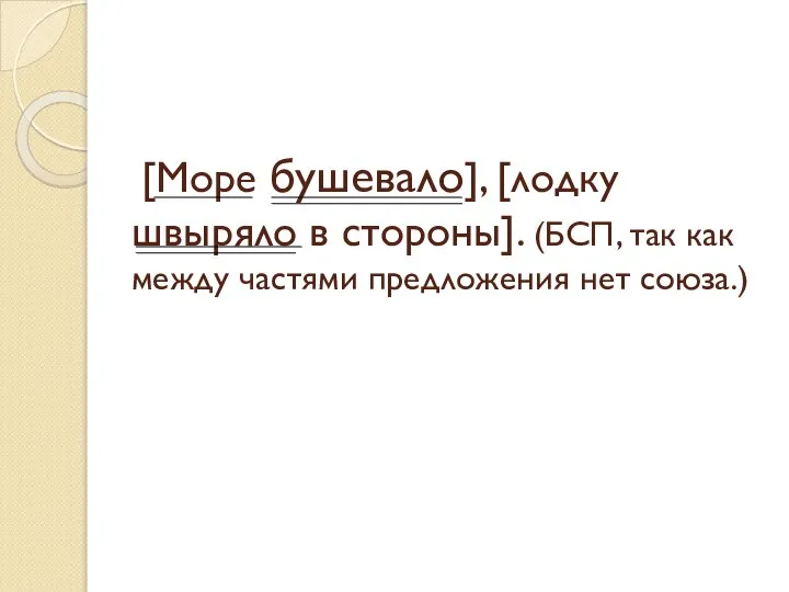 [Море бушевало], [лодку швыряло в стороны]. (БСП, так как между частями предложения нет союза.)