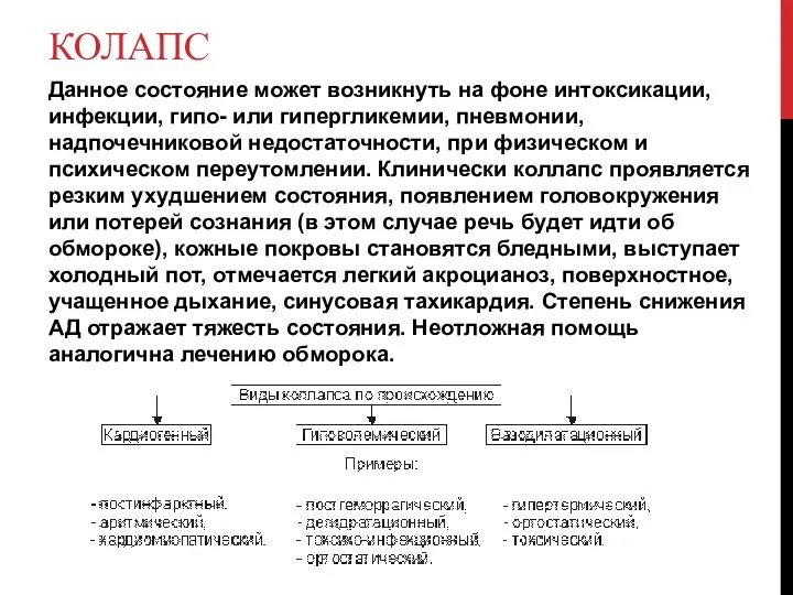 КОЛАПС Данное состояние может возникнуть на фоне интоксикации, инфекции, гипо- или гипергликемии,