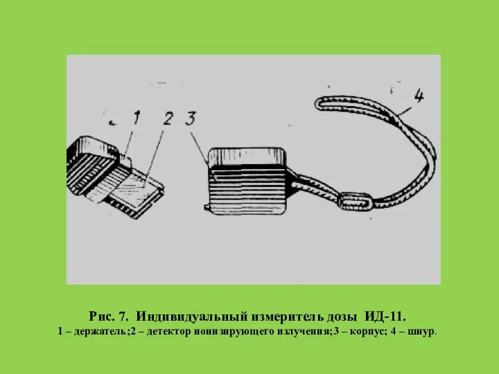 Рис. 7. Индивидуальный измеритель дозы ИД-11. 1 – держатель;2 – детектор ионизирующего