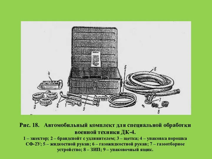 Рис. 18. Автомобильный комплект для специальной обработки военной техники ДК-4. 1 –