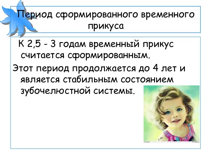 Период сформированного временного прикуса К 2,5 - 3 годам временный прикус считается