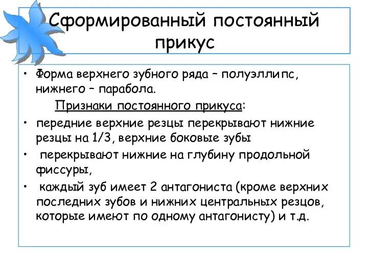 Сформированный постоянный прикус Форма верхнего зубного ряда – полуэллипс, нижнего – парабола.