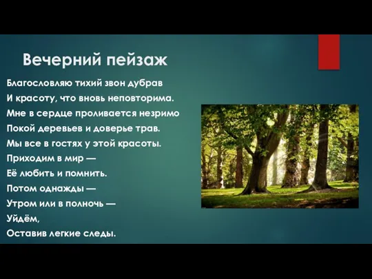 Вечерний пейзаж Благословляю тихий звон дубрав И красоту, что вновь неповторима. Мне