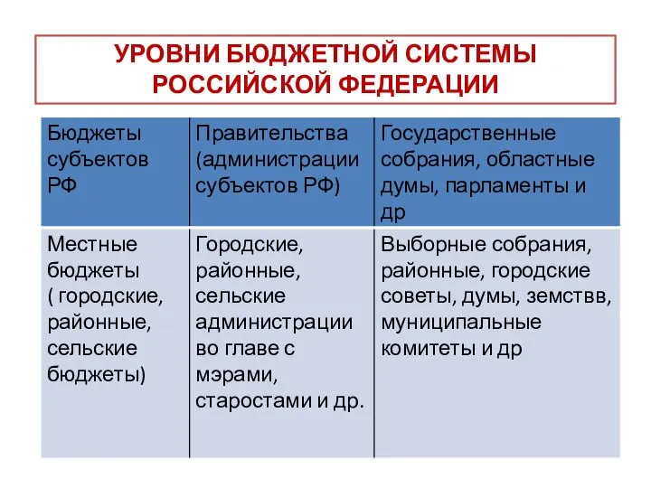 УРОВНИ БЮДЖЕТНОЙ СИСТЕМЫ РОССИЙСКОЙ ФЕДЕРАЦИИ