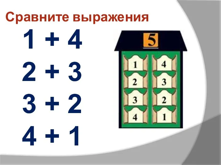 Сравните выражения 1 + 4 2 + 3 3 + 2 4 + 1