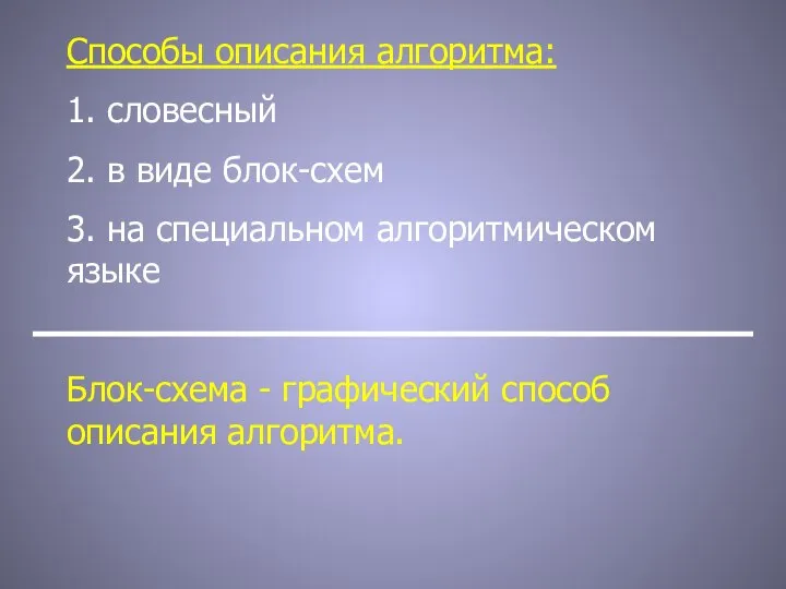 Способы описания алгоритма: 1. словесный 2. в виде блок-схем 3. на специальном