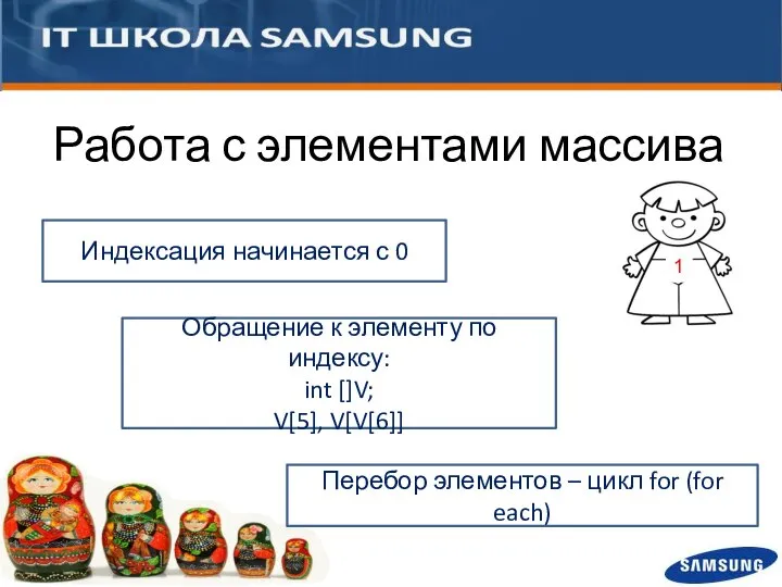 Работа с элементами массива Индексация начинается с 0 Обращение к элементу по