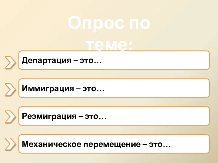 Департация – это… Иммиграция – это… Реэмиграция – это… Механическое перемещение – это… Опрос по теме: