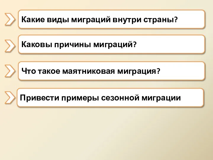 Какие виды миграций внутри страны? Каковы причины миграций? Что такое маятниковая миграция? Привести примеры сезонной миграции