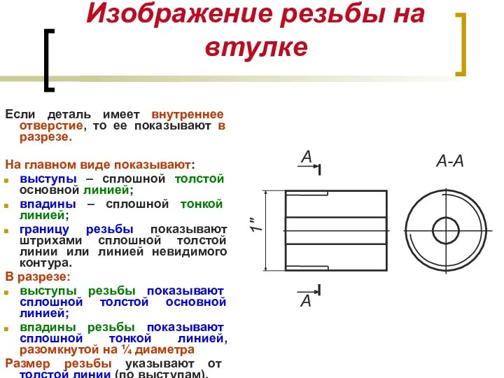 Изображение резьбы на втулке Если деталь имеет внутреннее отверстие, то ее показывают