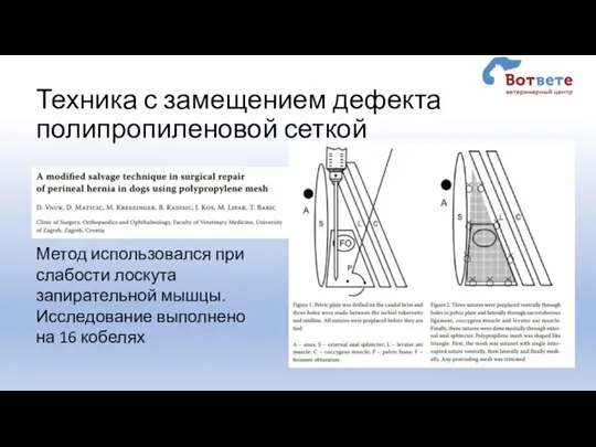 Техника с замещением дефекта полипропиленовой сеткой Метод использовался при слабости лоскута запирательной