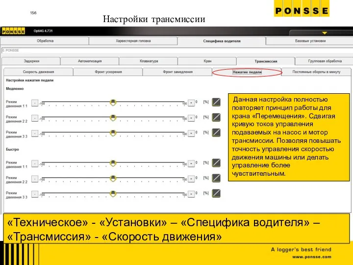 Настройки трансмиссии «Техническое» - «Установки» – «Специфика водителя» – «Трансмиссия» - «Скорость