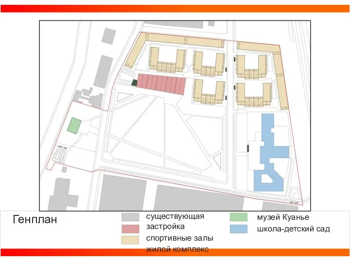 Генплан существующая застройка спортивные залы жилой комплекс музей Куанье школа-детский сад