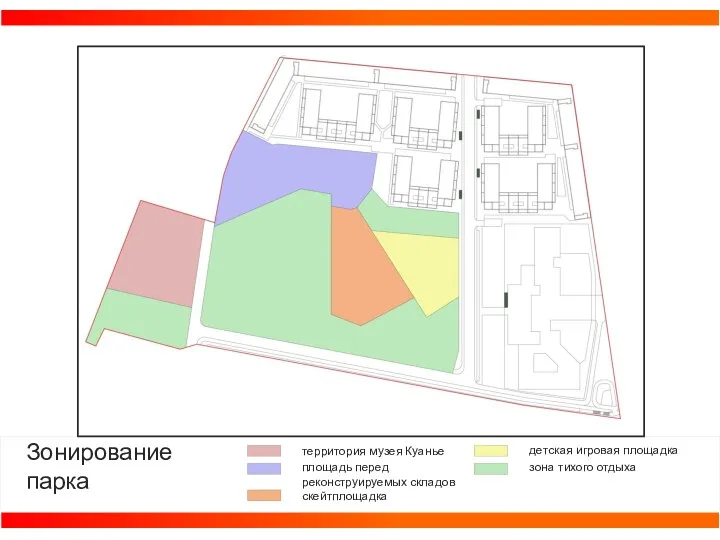 Зонирование парка территория музея Куанье площадь перед реконструируемых складов скейтплощадка детская игровая площадка зона тихого отдыха