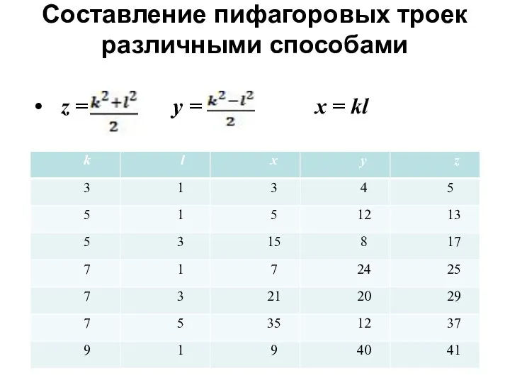 Составление пифагоровых троек различными способами z = y = x = kl