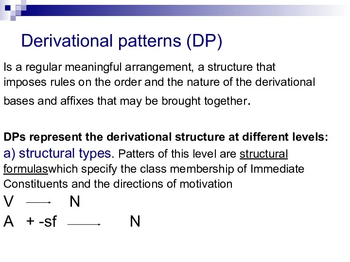 Derivational patterns (DP) Is a regular meaningful arrangement, a structure that imposes