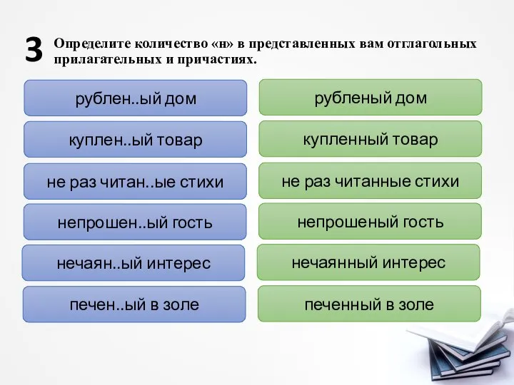 Определите количество «н» в представленных вам отглагольных прилагательных и причастиях. 3 рублен..ый