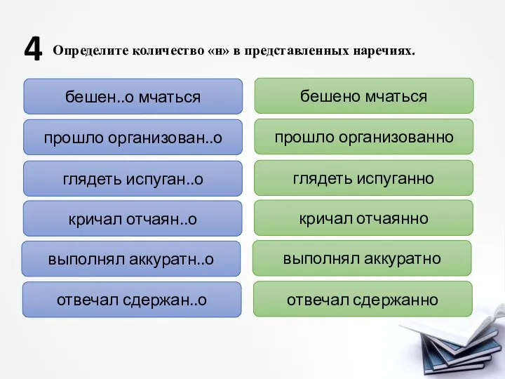 Определите количество «н» в представленных наречиях. 4 бешен..о мчаться прошло организован..о глядеть