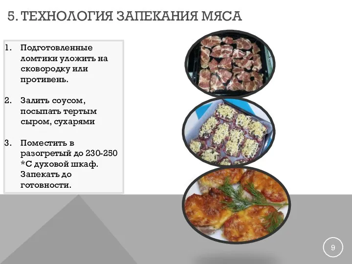 5. ТЕХНОЛОГИЯ ЗАПЕКАНИЯ МЯСА Подготовленные ломтики уложить на сковородку или противень. Залить