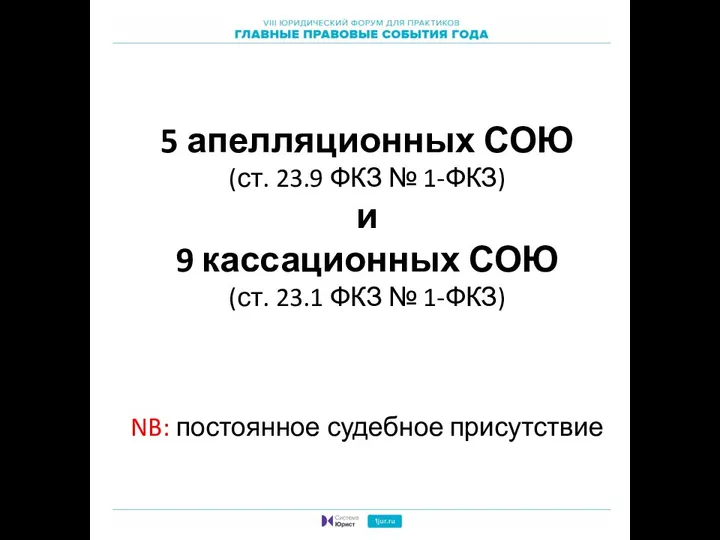 5 апелляционных СОЮ (ст. 23.9 ФКЗ № 1-ФКЗ) и 9 кассационных СОЮ