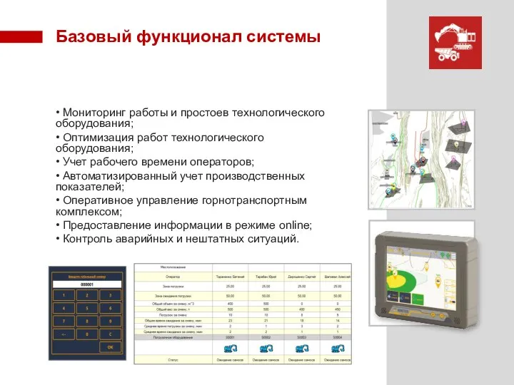Базовый функционал системы • Мониторинг работы и простоев технологического оборудования; • Оптимизация