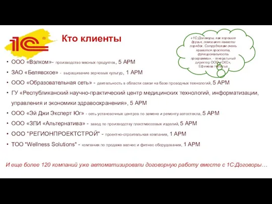 Кто клиенты ООО «Вэлком»- производство мясных продуктов, 5 АРМ ЗАО «Белявское» -