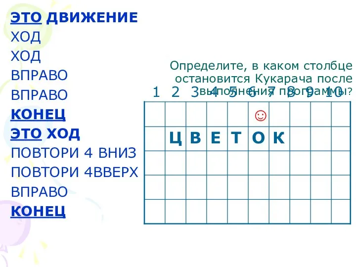 Определите, в каком столбце остановится Кукарача после выполнения программы? ЭТО ДВИЖЕНИЕ ХОД