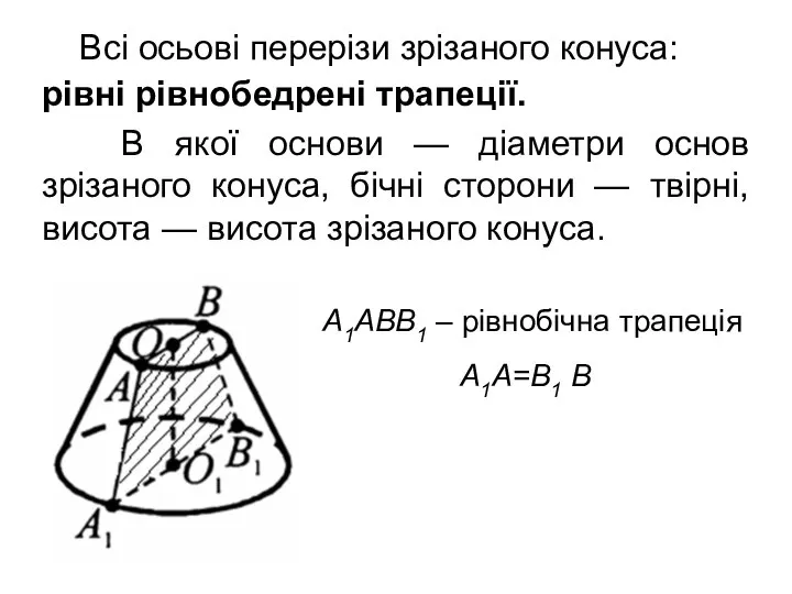 Всі осьові перерізи зрізаного конуса: A1ABB1 – рівнобічна трапеція A1A=B1 B рівні