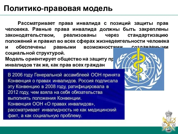 Политико-правовая модель Рассматривает права инвалида с позиций защиты прав человека. Равные права