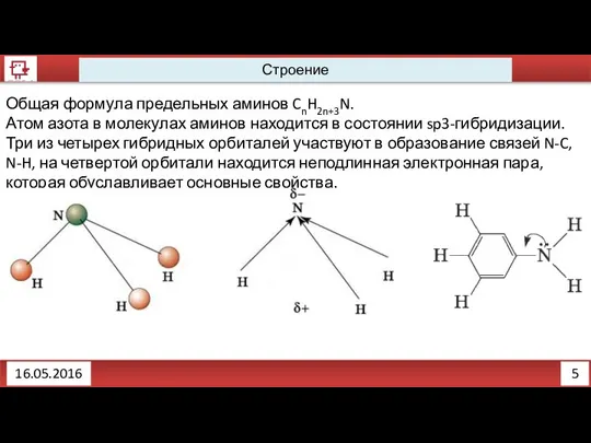 5 16.05.2016 Строение Общая формула предельных аминов CnH2n+3N. Атом азота в молекулах