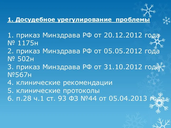 1. Досудебное урегулирование проблемы 1. приказ Минздрава РФ от 20.12.2012 года №