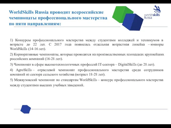 WorldSkills Russia проводит всероссийские чемпионаты профессионального мастерства по пяти направлениям: 1) Конкурсы