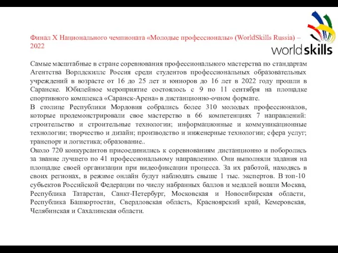 Финал X Национального чемпионата «Молодые профессионалы» (WorldSkills Russia) – 2022 Самые масштабные