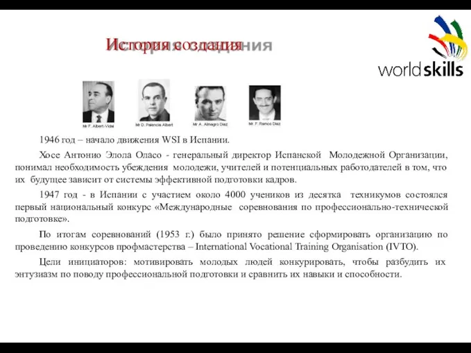 История создания 1946 год – начало движения WSI в Испании. Хосе Антонио