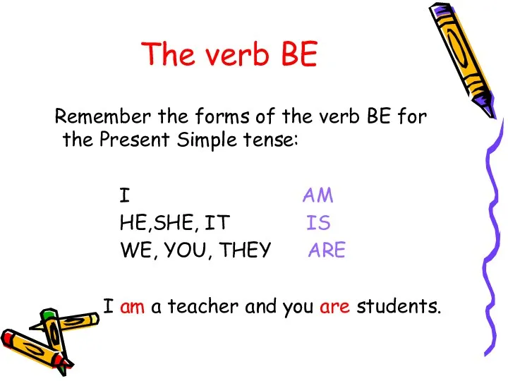 The verb BE Remember the forms of the verb BE for the