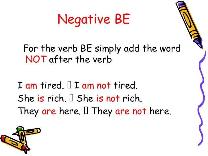 Negative BE For the verb BE simply add the word NOT after