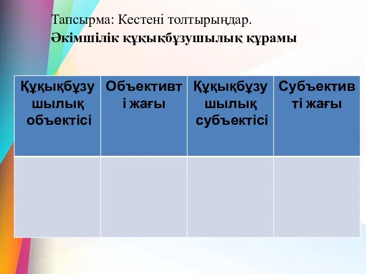 Тапсырма: Кестені толтырыңдар. Әкімшілік құқықбұзушылық құрамы