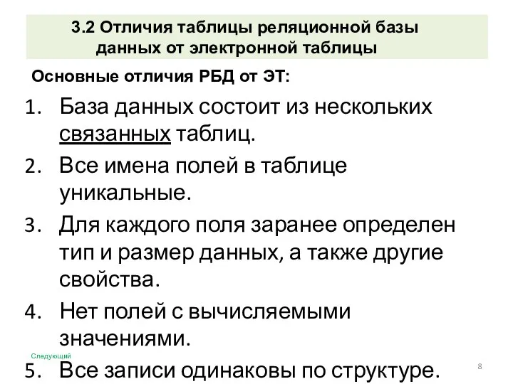 База данных состоит из нескольких связанных таблиц. Все имена полей в таблице