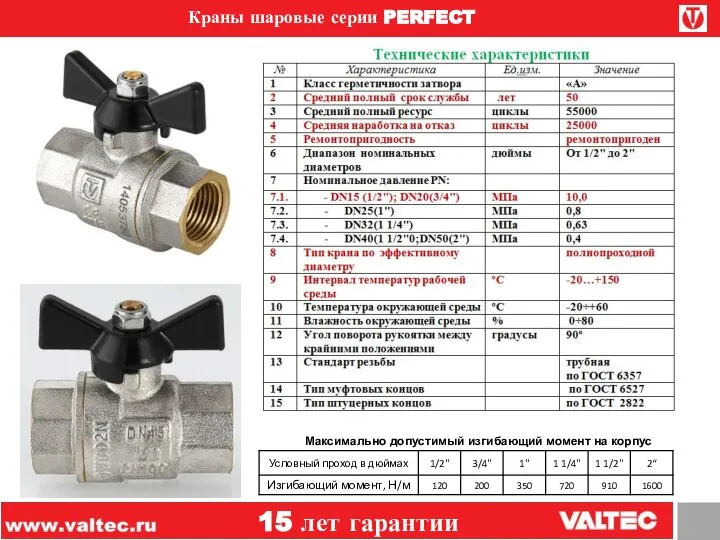 Краны шаровые серии PERFECT Максимально допустимый изгибающий момент на корпус 15 лет гарантии