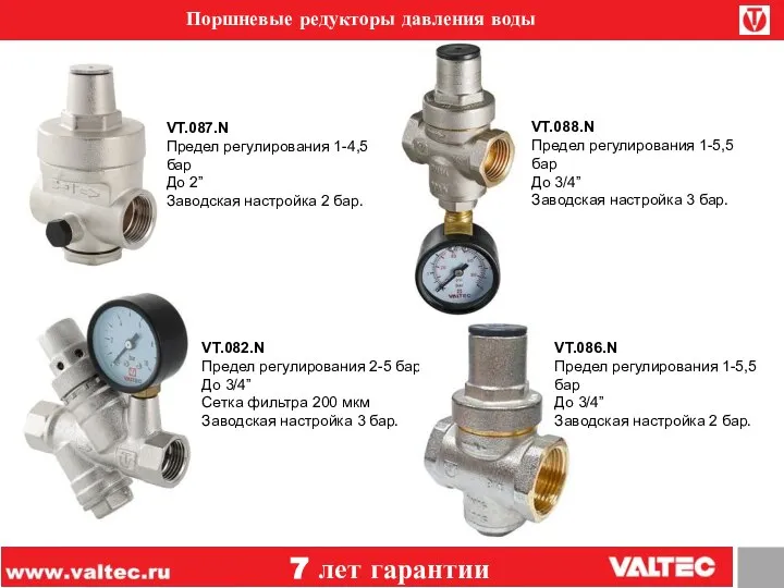 Поршневые редукторы давления воды 7 лет гарантии VT.082.N Предел регулирования 2-5 бар